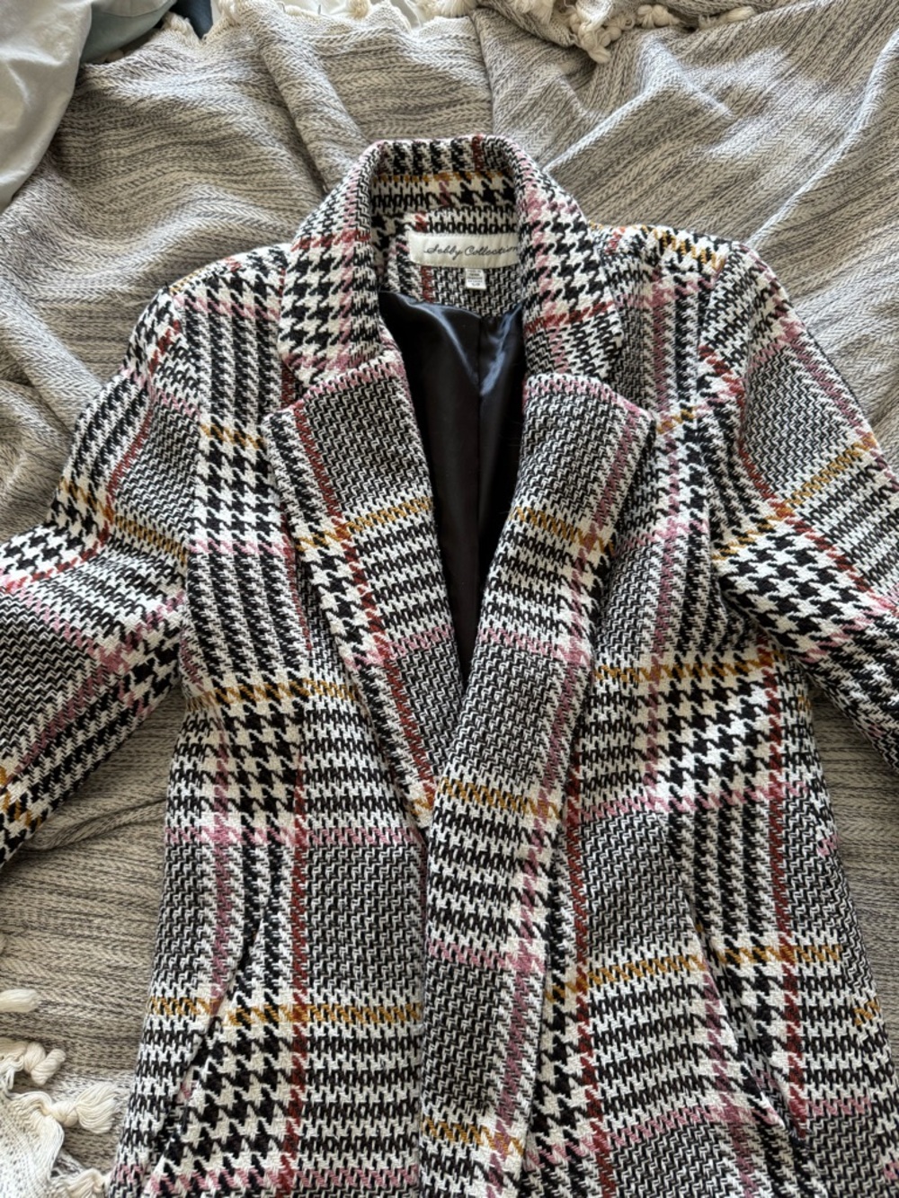 Plaid Houndstooth Wool-Blend Coat - Black, White & Pink